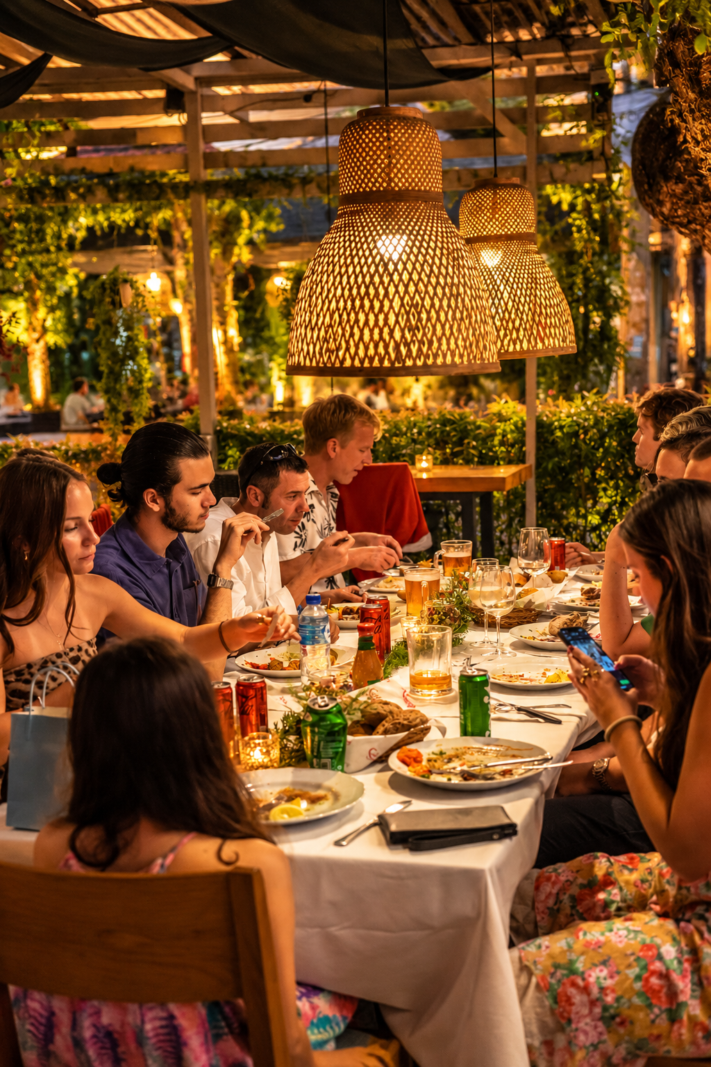Friends enjoying dinner together under woven lamps on the tropical Café Smörgås terrace in Sanur, Bali