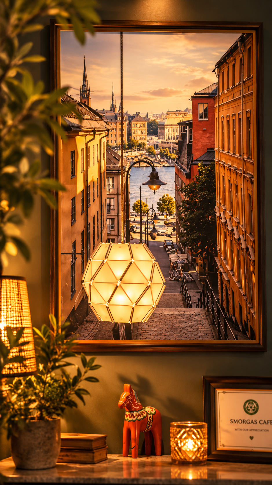 Warm Swedish interior at Café Smörgås with a Stockholm photograph, glowing lamps and a traditional Dala horse