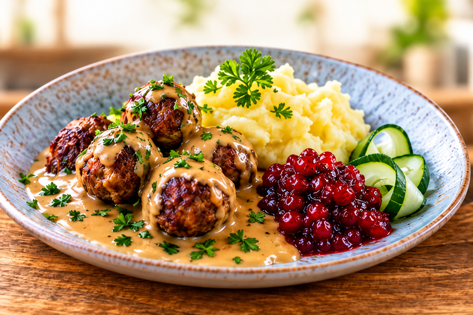 Swedish Meatballs with mashed potatoes, brown gravy and lingonberry jam at Café Smörgås in Sanur, Bali