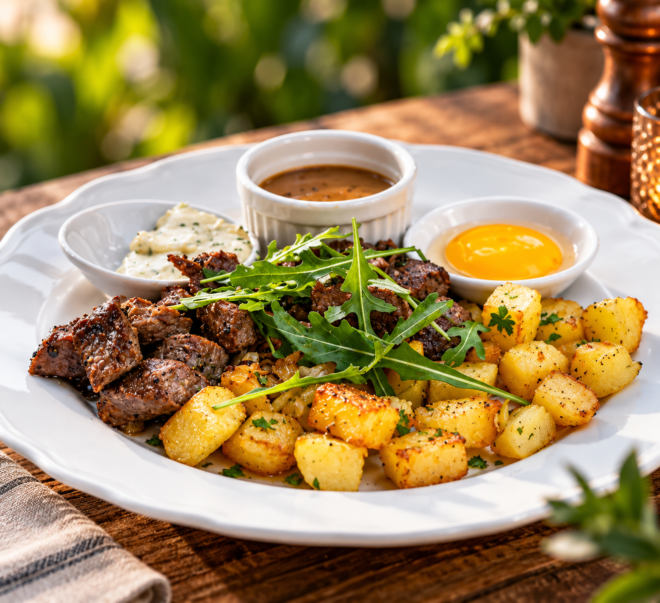 Dinner in Sanur with grilled steak, crispy potatoes, sauces and fresh greens at Café Smörgås