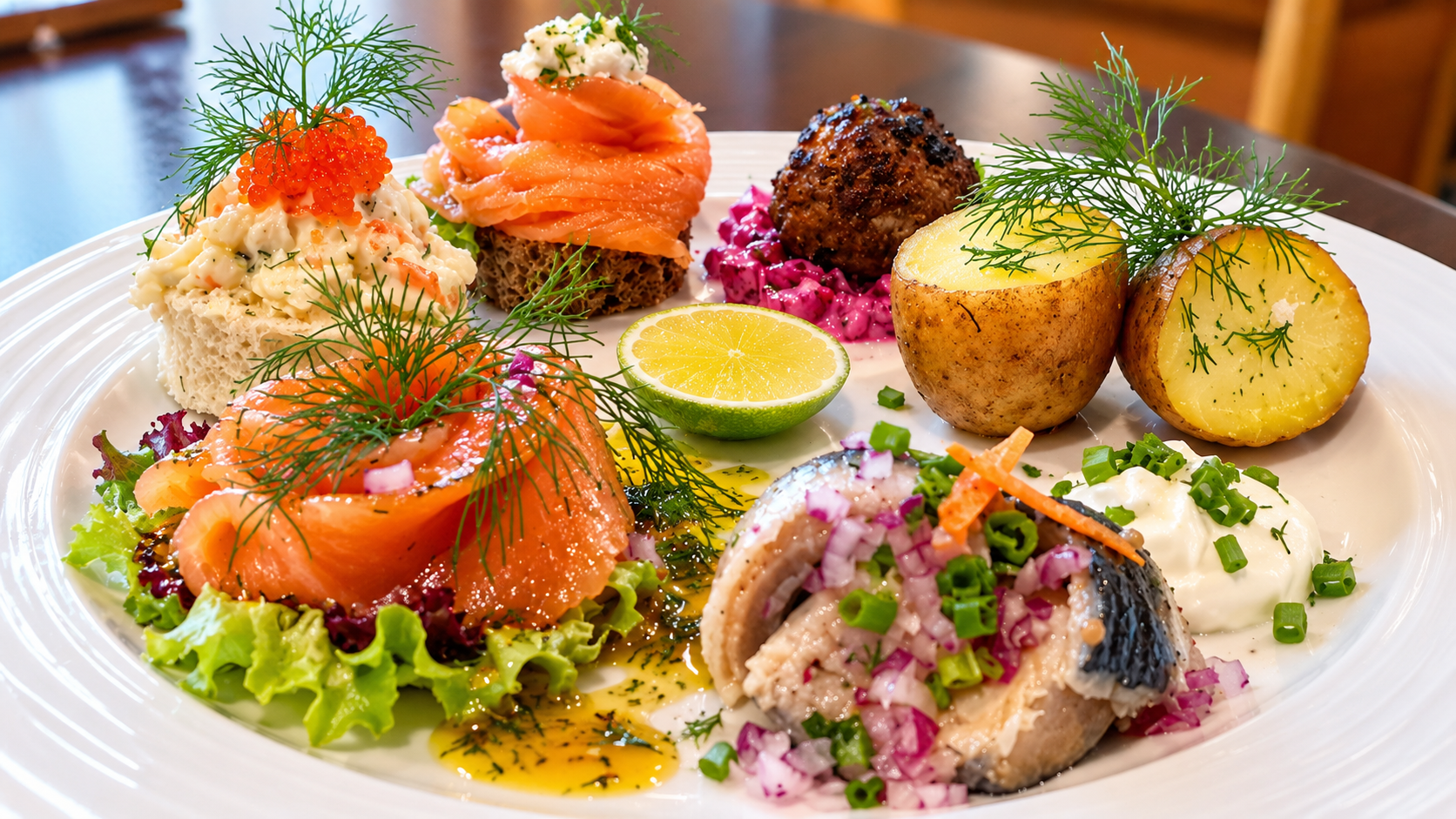 Swedish tasting plate with gravlax, herring, meatball, potatoes and fresh dill at Café Smörgås in Sanur, Bali