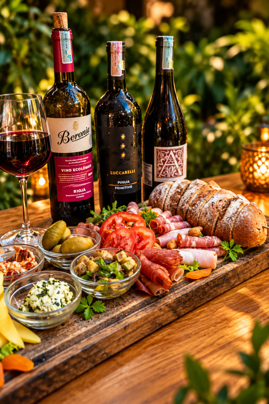 Made for sharing dinner board with wine, charcuterie, fresh bread and antipasti at Café Smörgås in Sanur, Bali