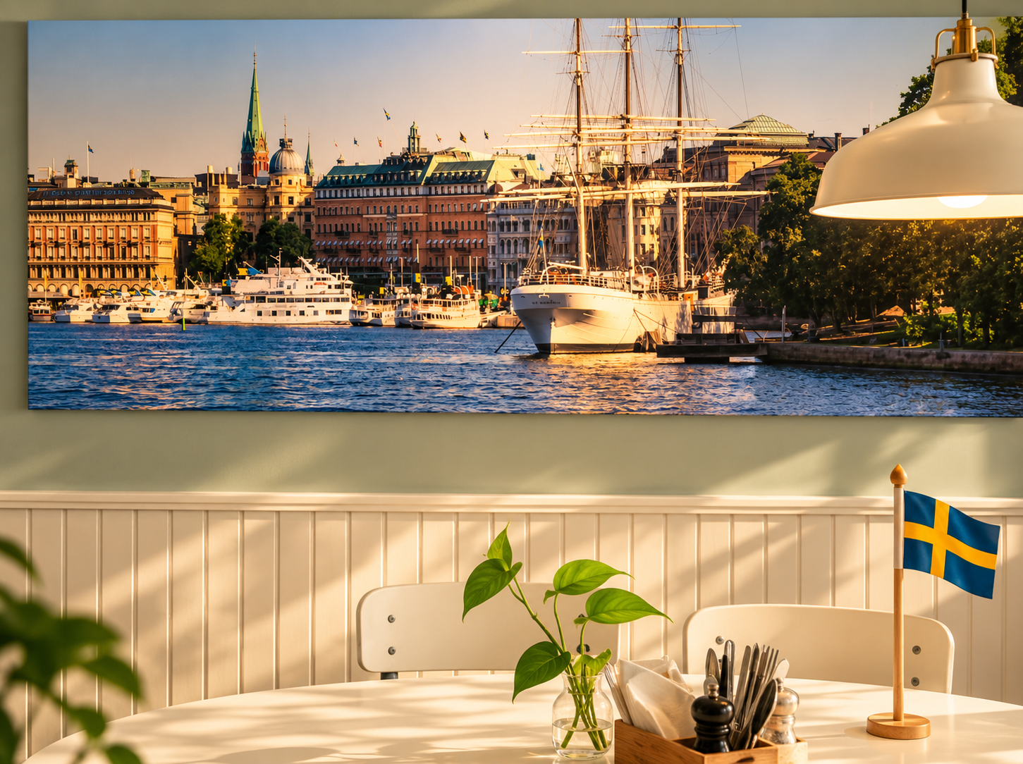Bright Scandinavian dining room at Café Smörgås with a Stockholm harbour photograph and Swedish flag